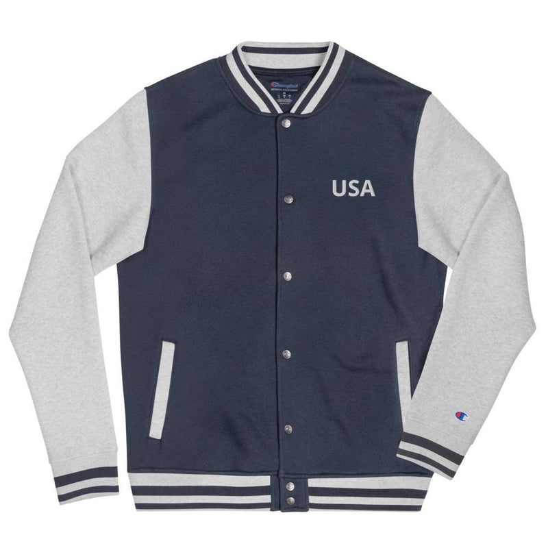 Embroidered Champion Bomber Jacket- USA The Loadout Room Navy/ Oxford Grey S 